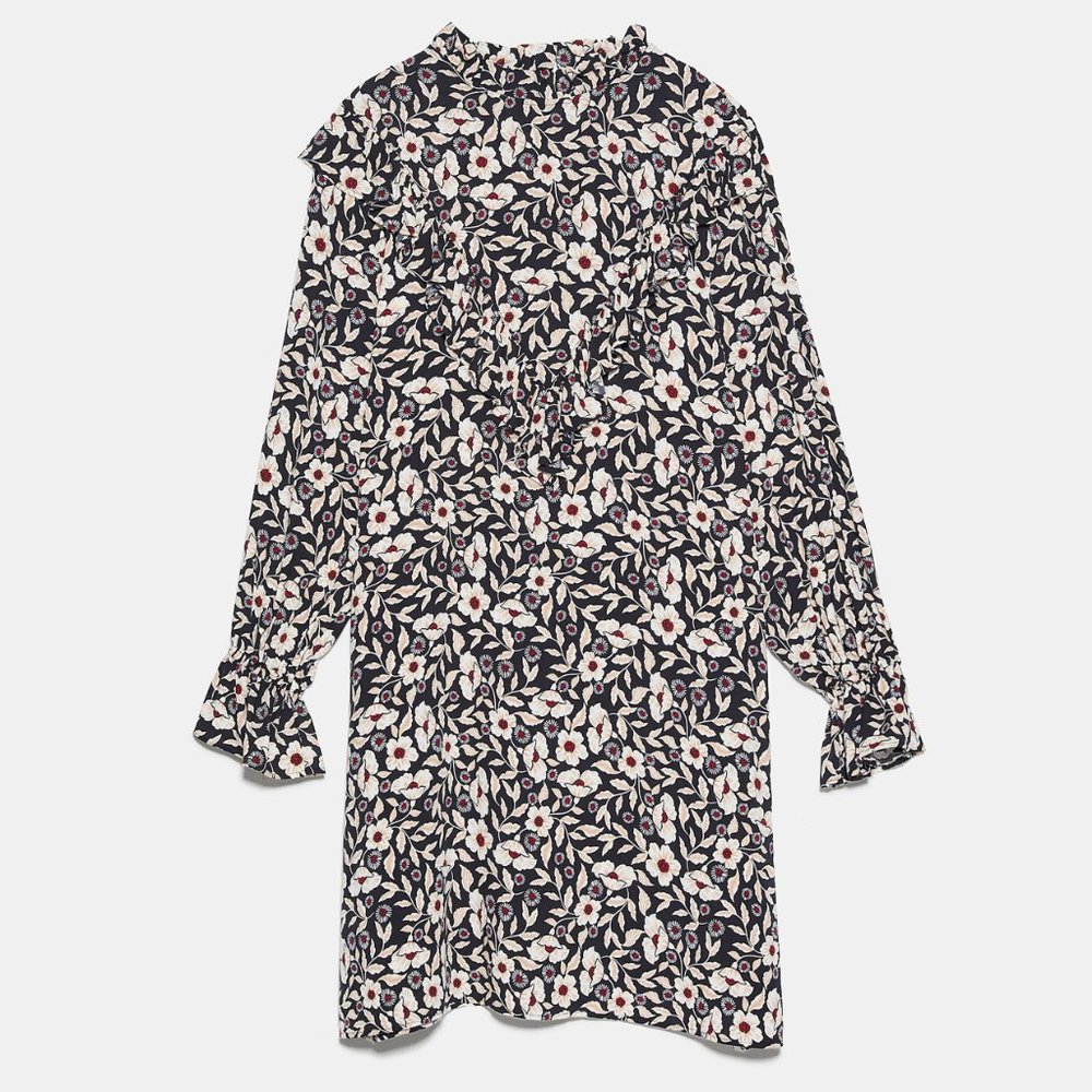 NEW Zara Ruffle Floral Printed Long Sleeves Dress - Picture 9 of 9